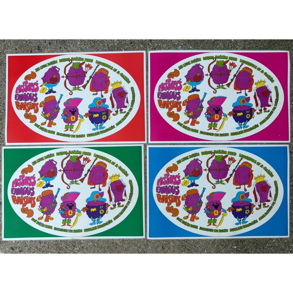 RARE 70's California Raisins Placemats Set of 4 History's Famous Raisins 2 Bowls